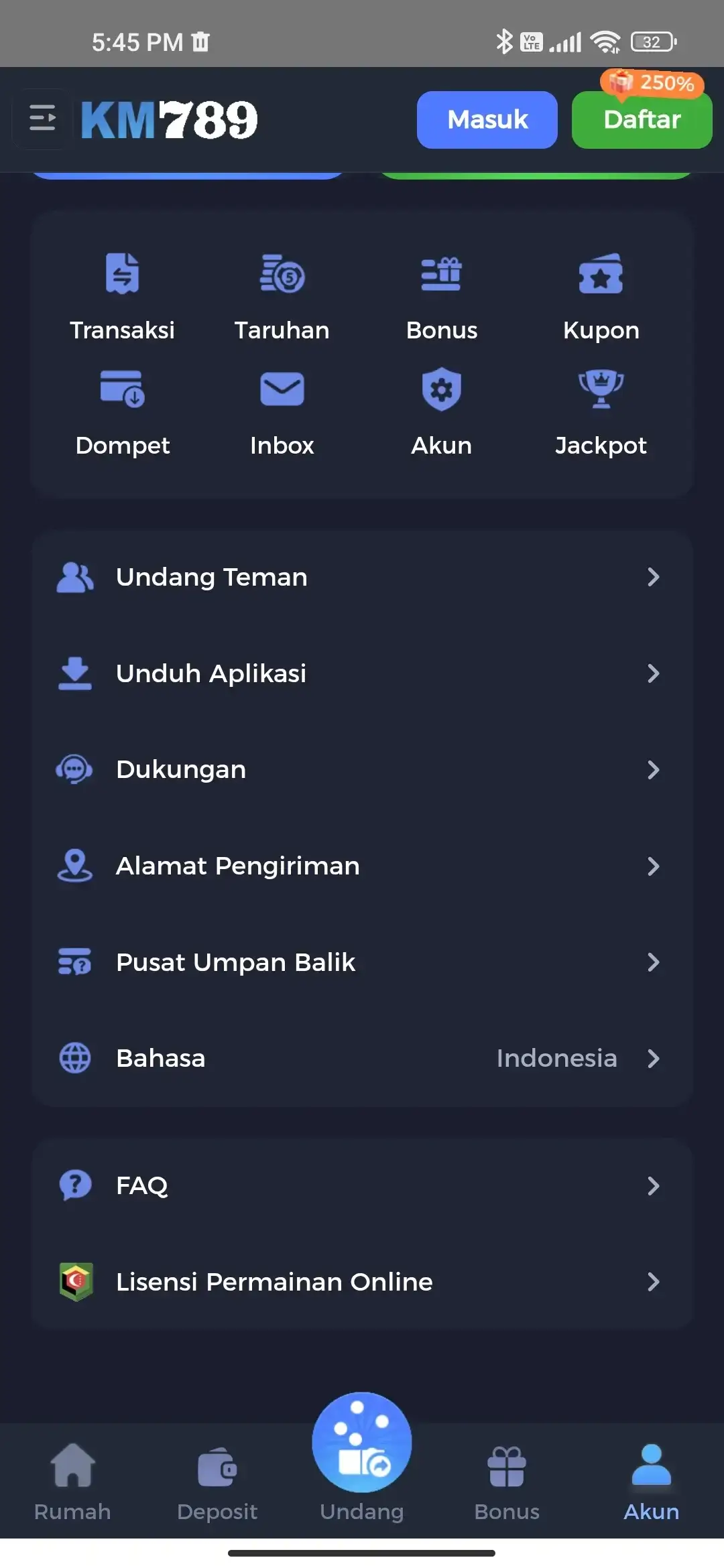 KM777 halaman akun dan menu utama