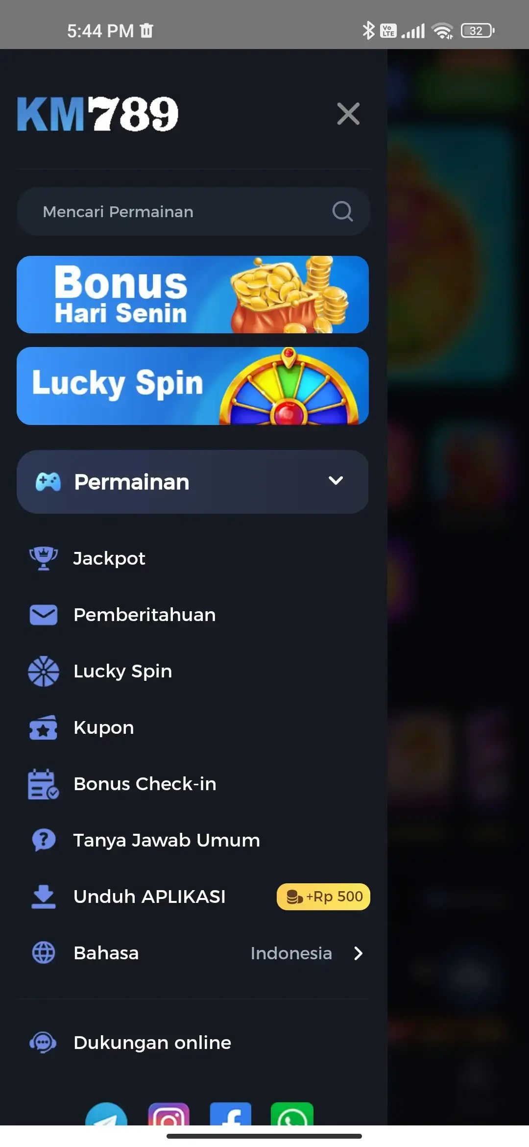 KM777 menu permainan dan bonus