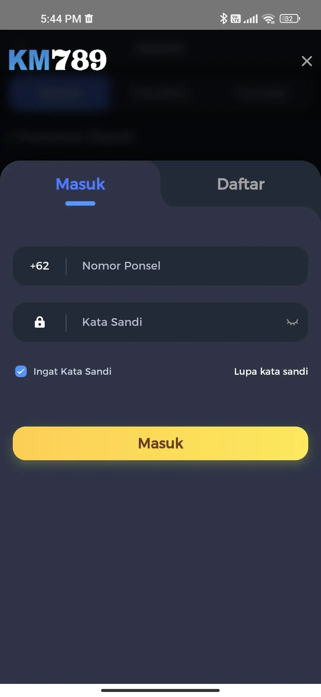 KM777 halaman login dan pendaftaran